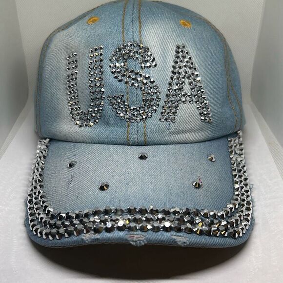 USA Rhinestone Denim Baseball Cap – Bling Patriotic Hat - Picture 2 of 6